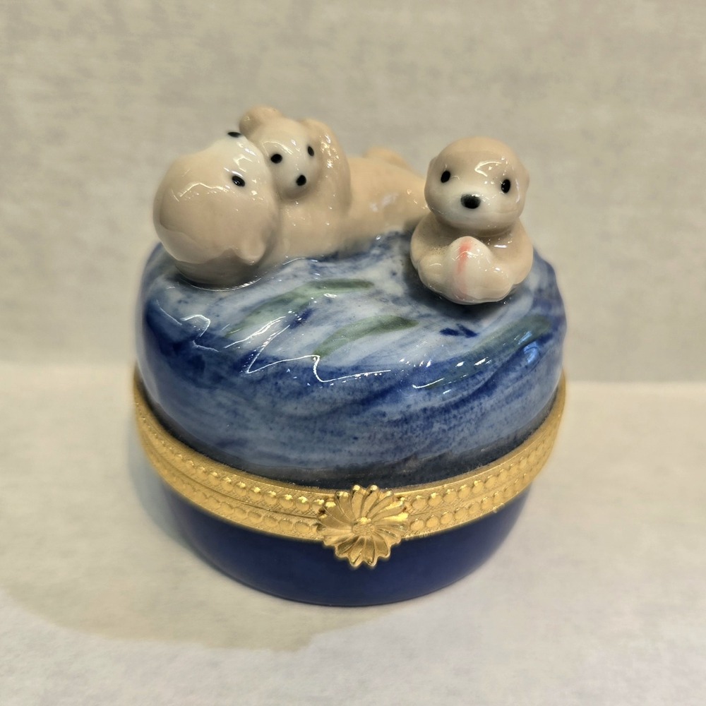 Vintage Takahashi San Francisco Sea Otter Porcelain Trinket Box Japan Ocean EUC
